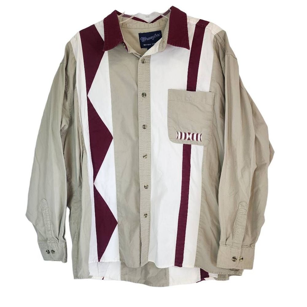 Wrangler Vintage Khaki Striped Western Southwest Button Down Shirt Size XL